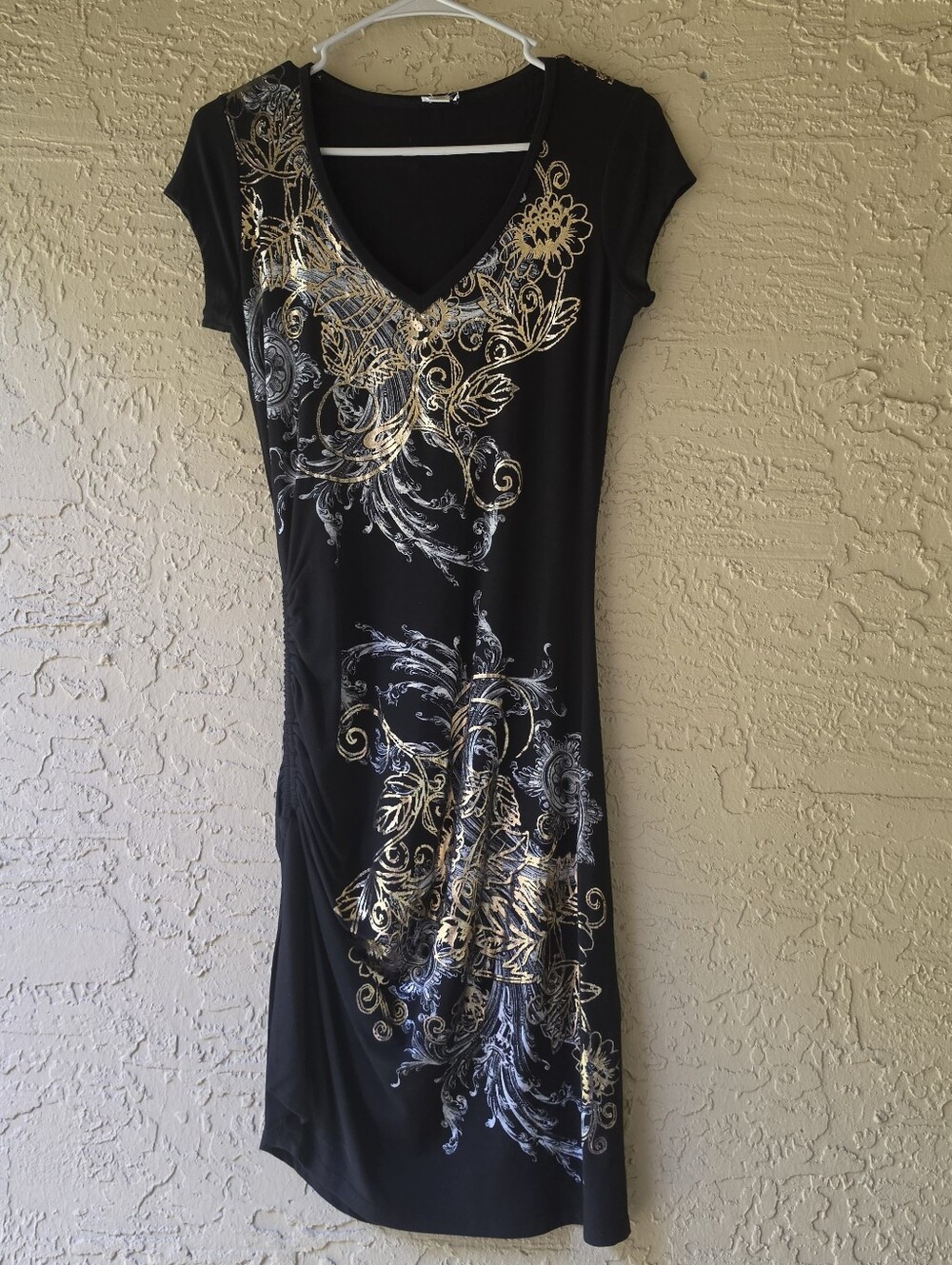 Caché Black & Metallic Gold/Silver Foil Scroll V-Neck Ruched Dress Size Medium